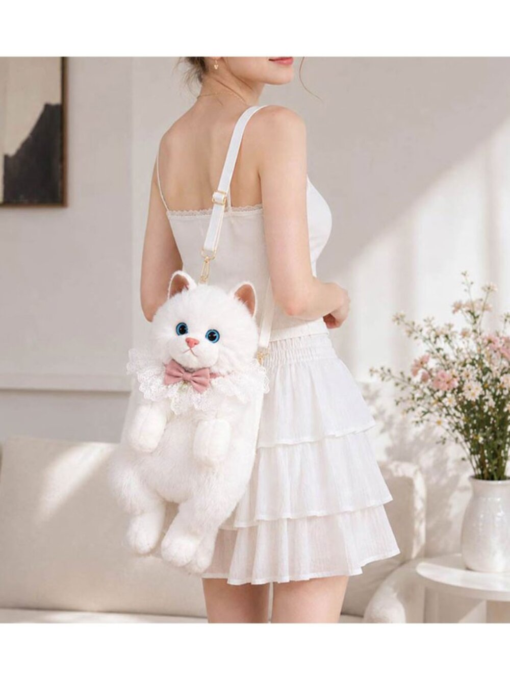 Tigerstars White Cute Plush Cat Fashion Backpack Crossbody Bag